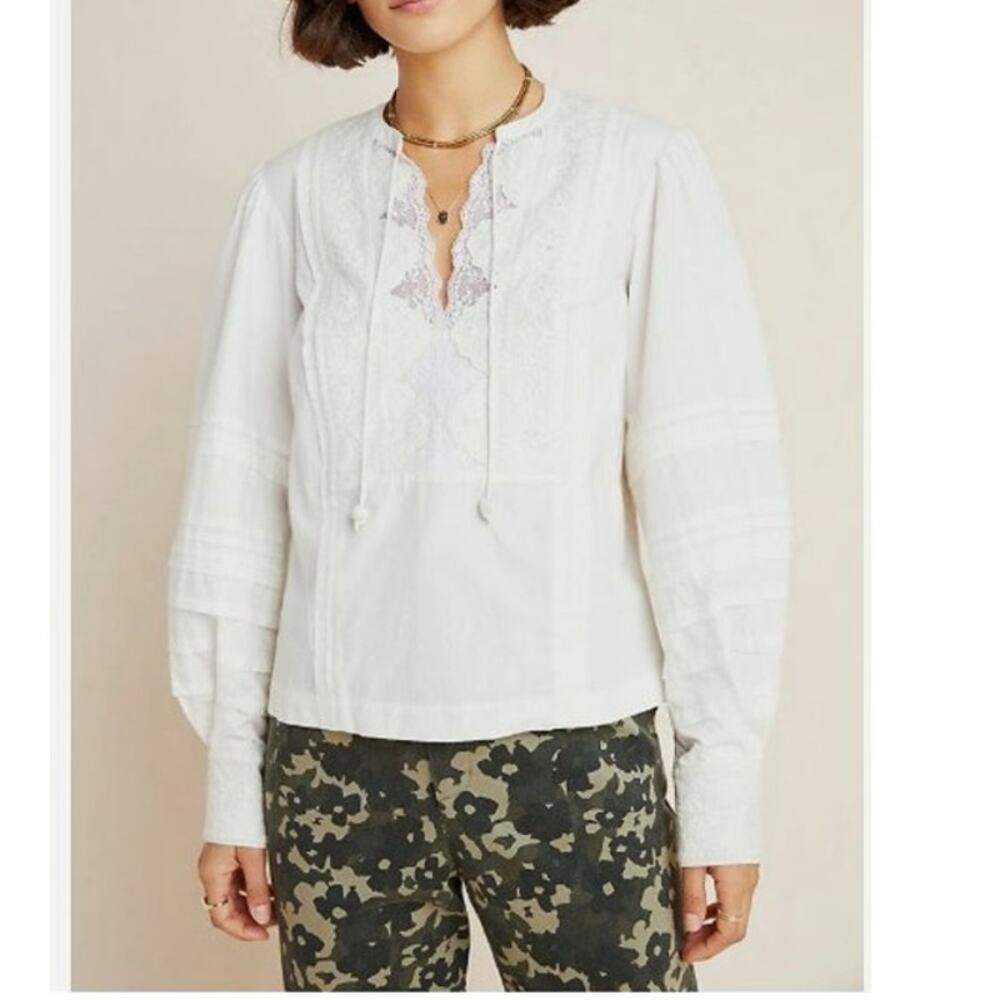 Anthropologie Delilah Pleated Lace Peasant Blouse Size 4 Small Off-White